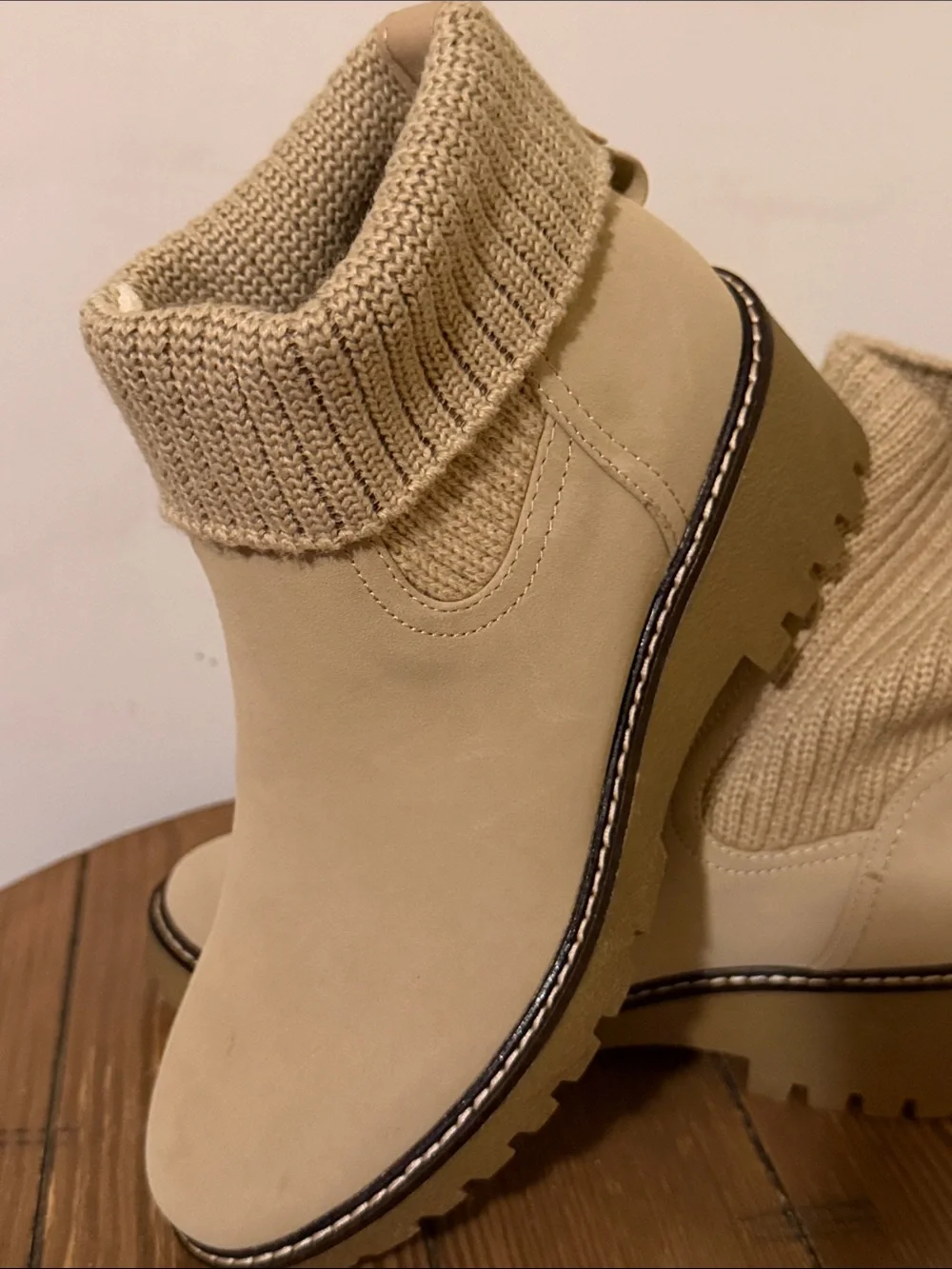 MIA Knit-Cuff Chelsea Booties in Beige